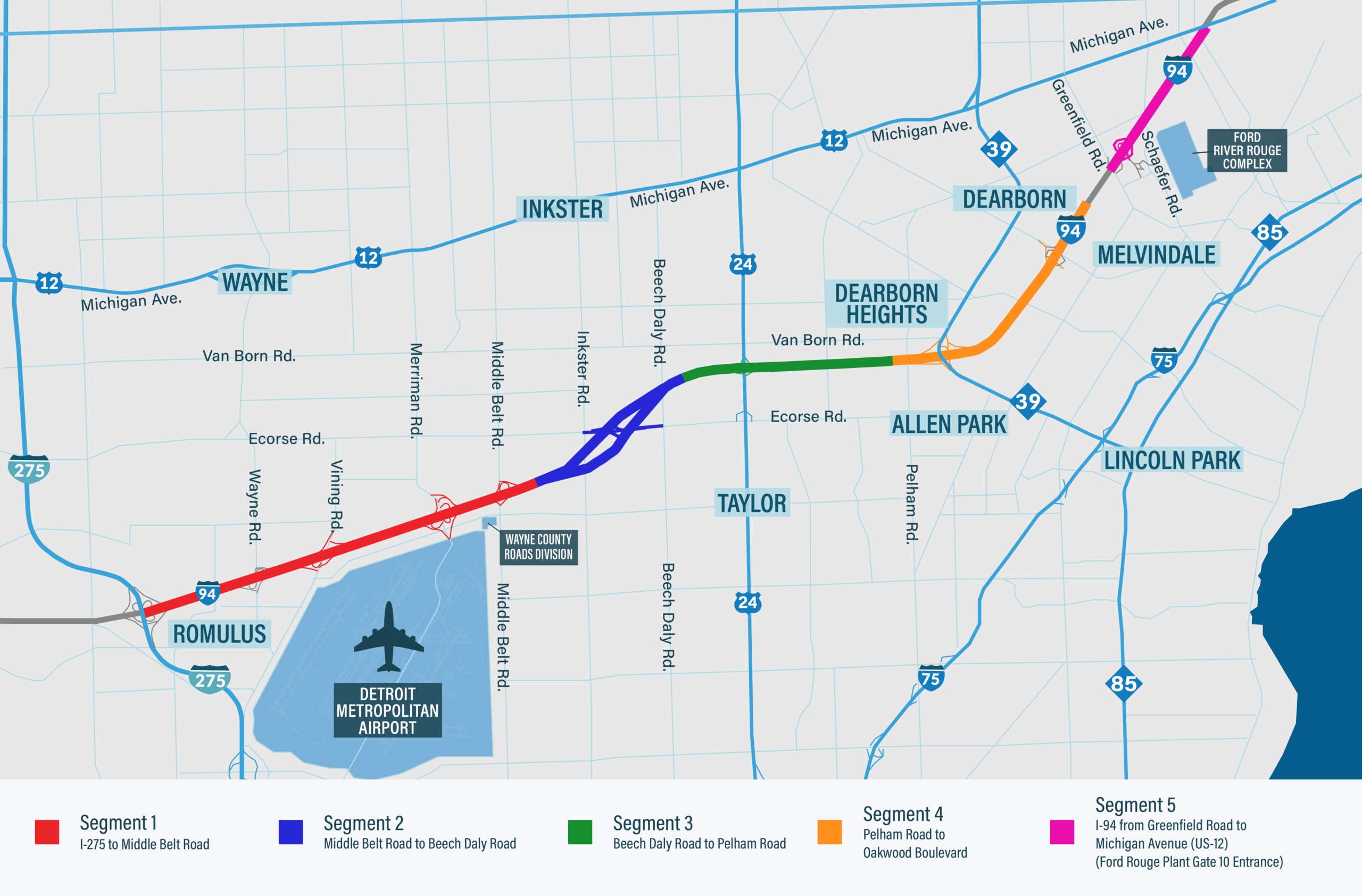 Restore 94 Project Map — all 5 segments color-coded